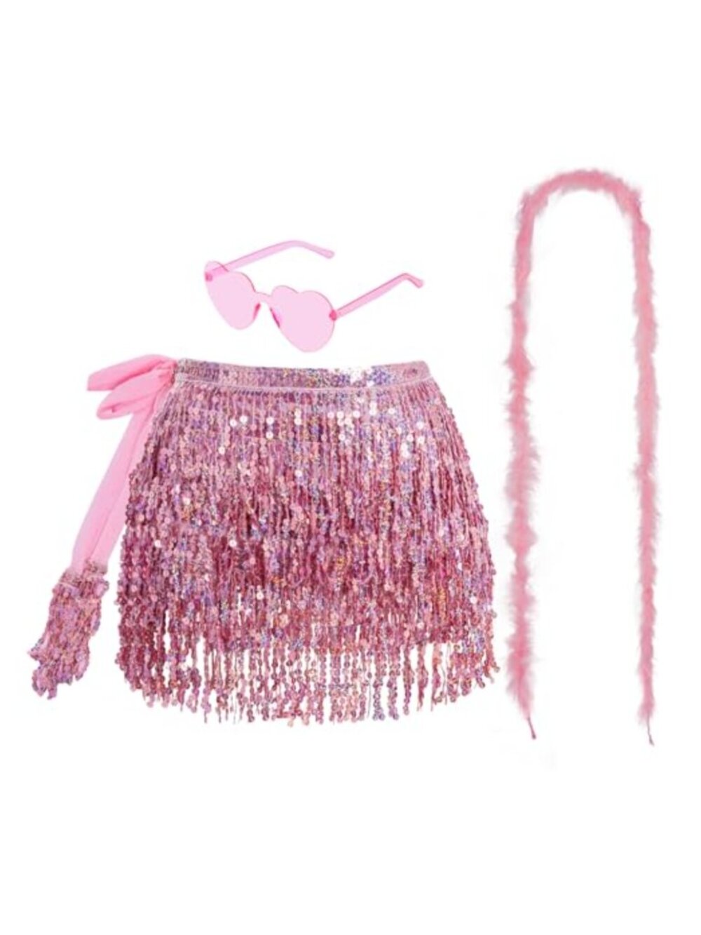 Sequin Tassel Hip Scarf Feather Boa Heart Sunglasses Dance Costume Set